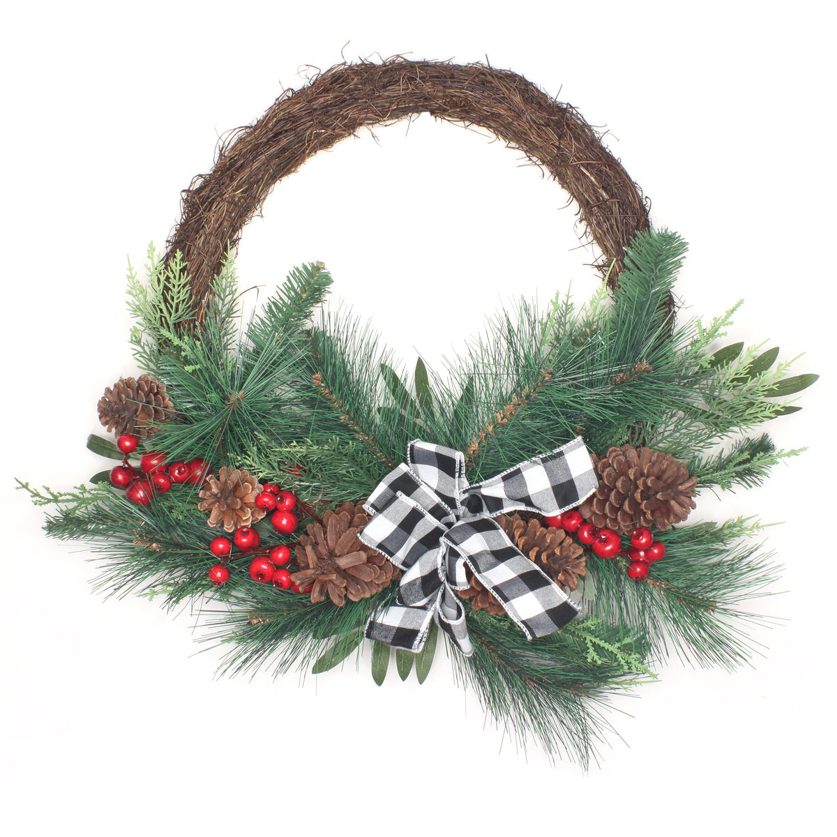 24 in. Mixed Pine and Berries Decorated Wreath - wreath
